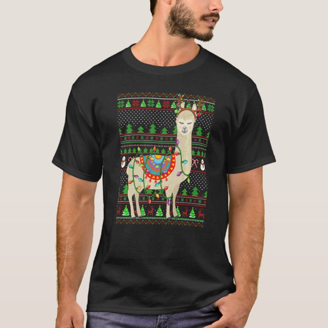 Ugly Xmas Sweater Style Lighting Llama Christmas T Shirt (Framsida)