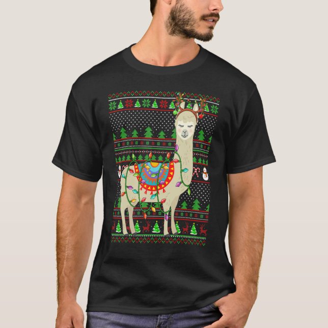 Ugly Xmas Sweater Style Lighting Llama Christmas T Shirt (Framsida)