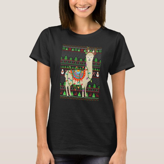 Ugly Xmas Sweater Style Lighting Llama Christmas T Shirt (Framsida)