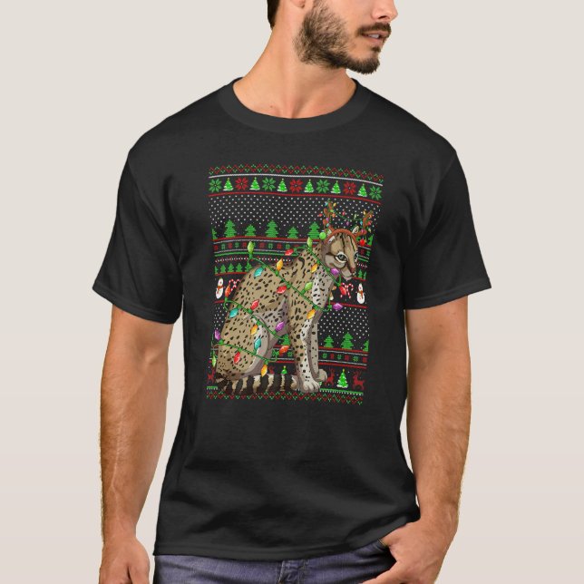 Ugly Xmas Sweater Style Lighting Ocelot Christmas  T Shirt (Framsida)