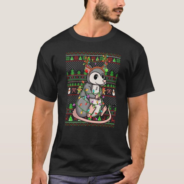 Ugly Xmas Sweater Style Lighting Opossum Christmas T Shirt (Framsida)