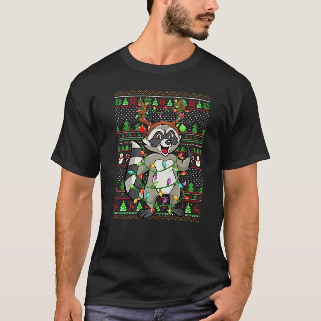 Ugly Xmas Sweater Style Lighting Raccoon Christmas T Shirt (Framsida)