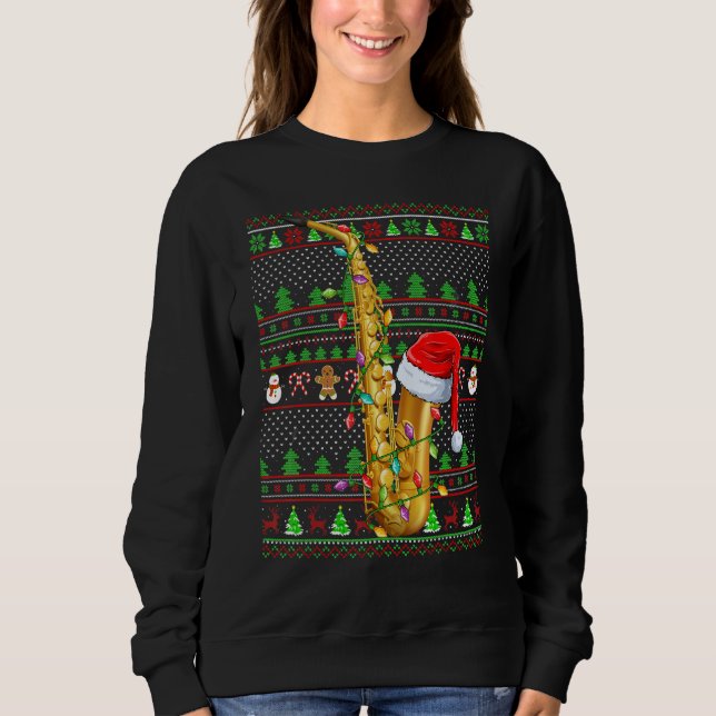 Ugly Xmas Sweater Style Lighting Saxophone Christm T Shirt (Framsida)