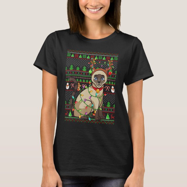 Ugly Xmas Sweater Style Lighting Siamese Cat Chris T Shirt (Framsida)