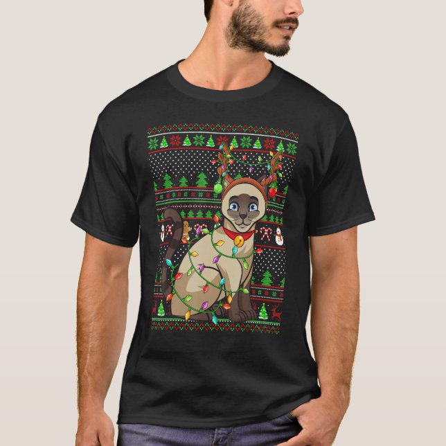 Ugly Xmas Sweater Style Lighting Siamese Cat Chris T Shirt (Framsida)