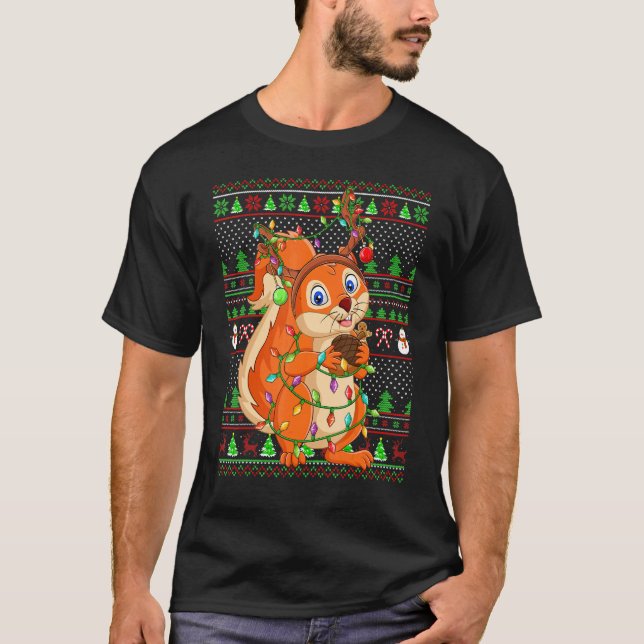 Ugly Xmas Sweater Style Lighting Squirrel Christma T Shirt (Framsida)