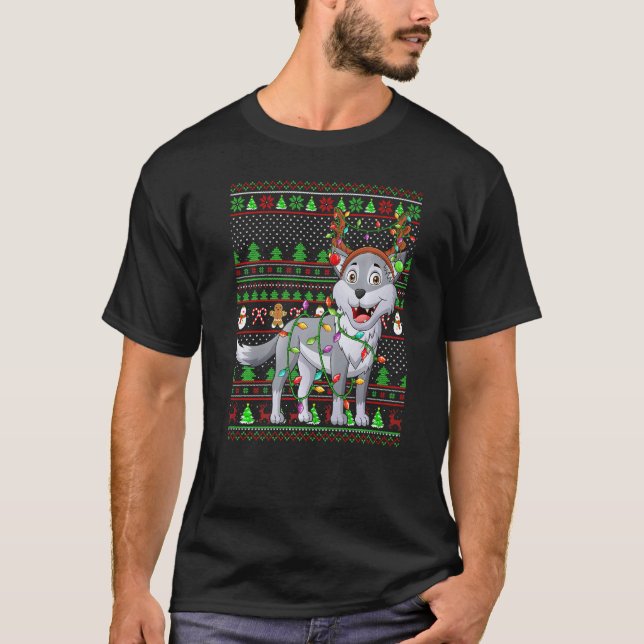 Ugly Xmas Sweater Style Lighting Wolf Christmas   T Shirt (Framsida)