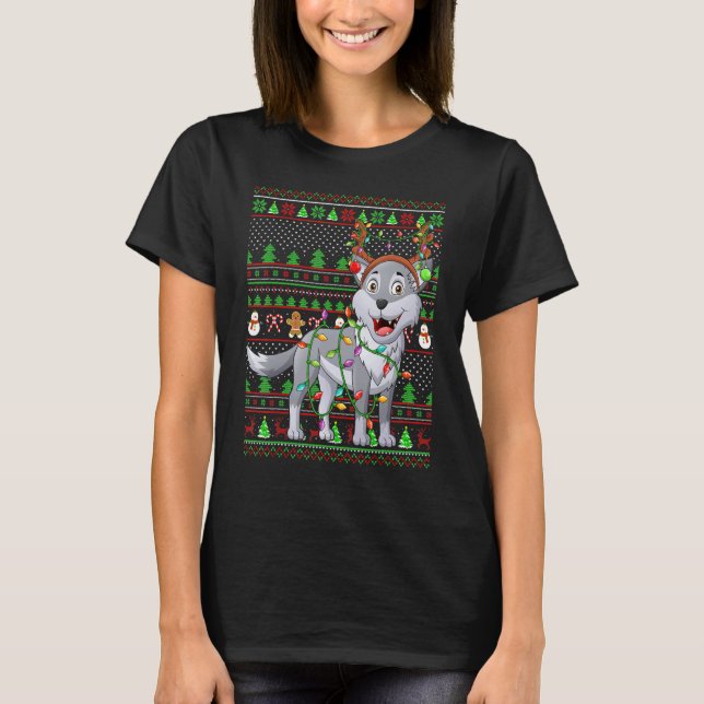 Ugly Xmas Sweater Style Lighting Wolf Christmas T Shirt (Framsida)