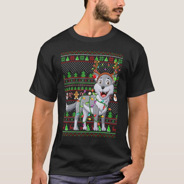 Ugly Xmas Sweater Style Lighting Wolf Christmas T Shirt (Framsida)