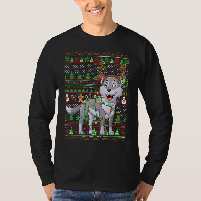 Ugly Xmas Sweater Style Lighting Wolf Christmas T Shirt (Framsida)