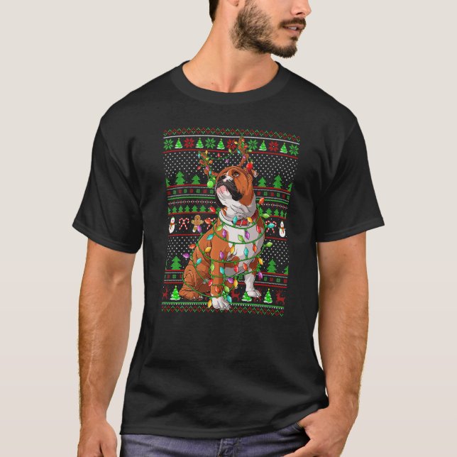 Ugly Xmas Sweater Style Lights English Bulldog Chr T Shirt (Framsida)