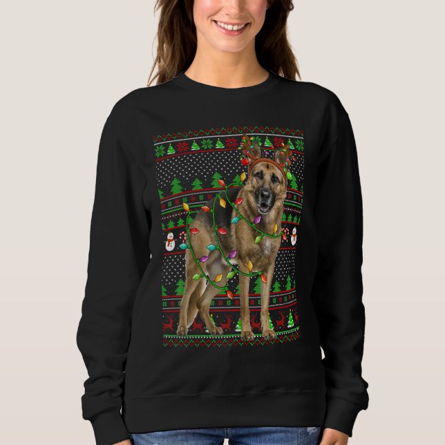 Ugly Xmas Sweater Style Lights German Shepherd Dog T Shirt (Framsida)