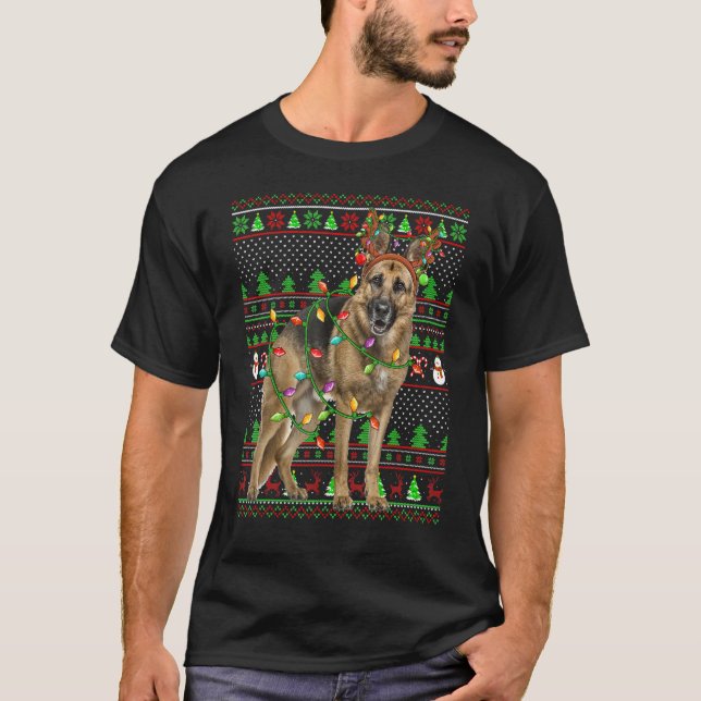 Ugly Xmas Sweater Style Lights German Shepherd Dog T Shirt (Framsida)