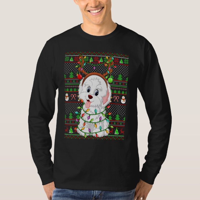 Ugly Xmas Sweater Style Lights Havanese Dog Christ T Shirt (Framsida)