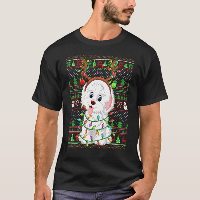 Ugly Xmas Sweater Style Lights Havanese Dog Christ T Shirt (Framsida)