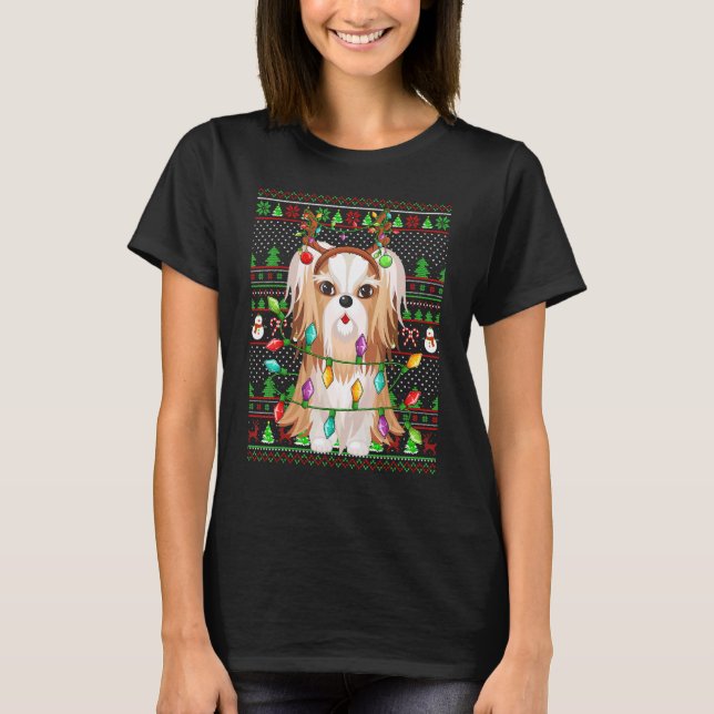 Ugly Xmas Sweater Style Lights Shih Tzu Dog Christ T Shirt (Framsida)