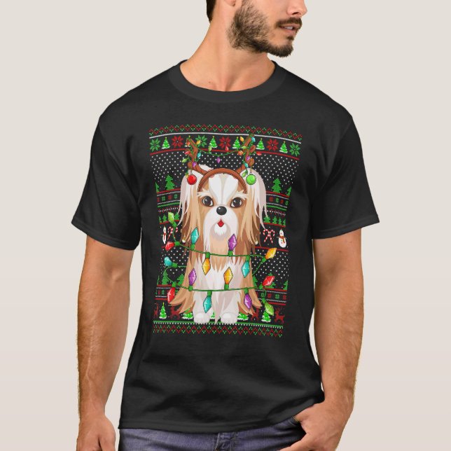 Ugly Xmas Sweater Style Lights Shih Tzu Dog Christ T Shirt (Framsida)