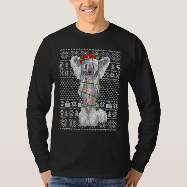 Ugly Xmas Sweater Style Santa Chinese Crested Dog  T Shirt (Framsida)