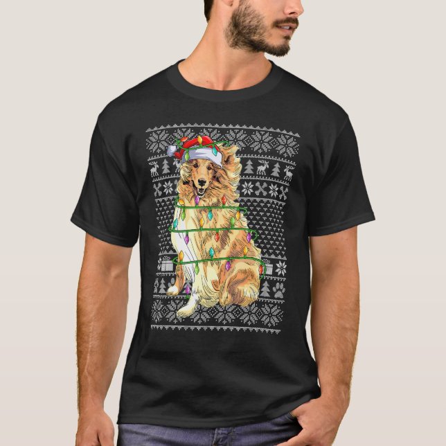 Ugly Xmas Sweater Style Santa Rough Collie Dog Chr T Shirt (Framsida)