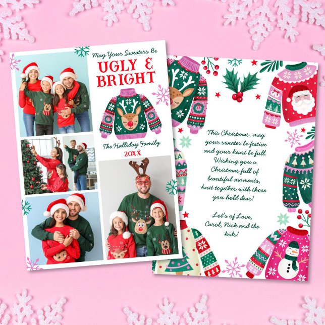 Ugt och lätt 4 Photo Ugly Sweater-jul Julkort (Ugly and Bright 4 Photo Ugly Sweater Christmas Holiday Card)
