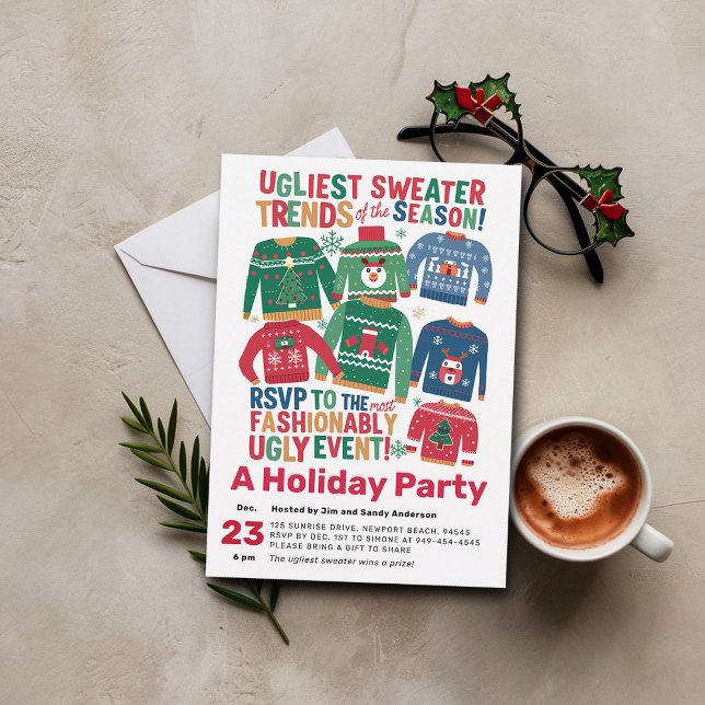 Ugt Sweater Modern Maximalist Party Inbjudningar (christmas party invitation ugly sweater modern maximalist happy cheerful family office)