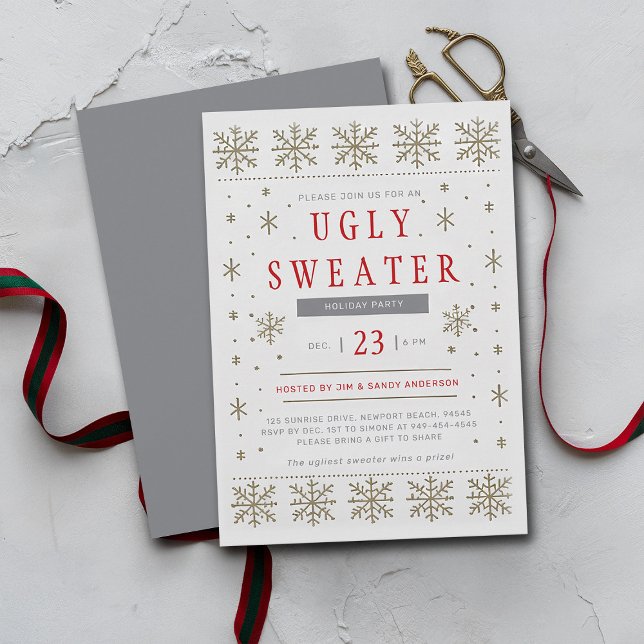 Ugt Sweater Modern Scandi Mönster jul Party Inbjudningar (ugly sweater christmas party invitation modern minimalist snowflake scandinavian silver gold)