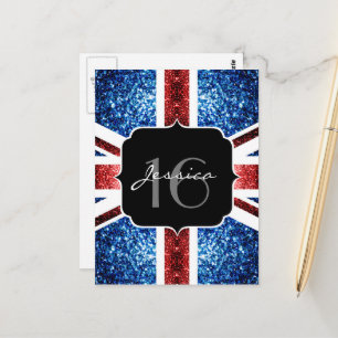 UK flagga röd blå gnistrar glitter Sweet 16 Vykort