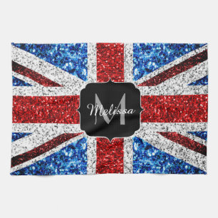 UK flagga röd blå vit gnistrar glitter Monogram Kökshandduk