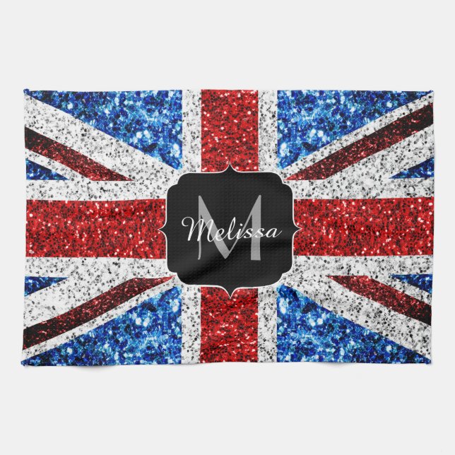 UK flagga röd blå vit gnistrar glitter Monogram Kökshandduk (Horisontell)