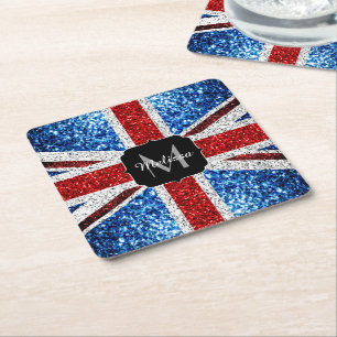 UK-flagga röd blå vit gnistrar glitter Monogram Underlägg Papper Kvadrat