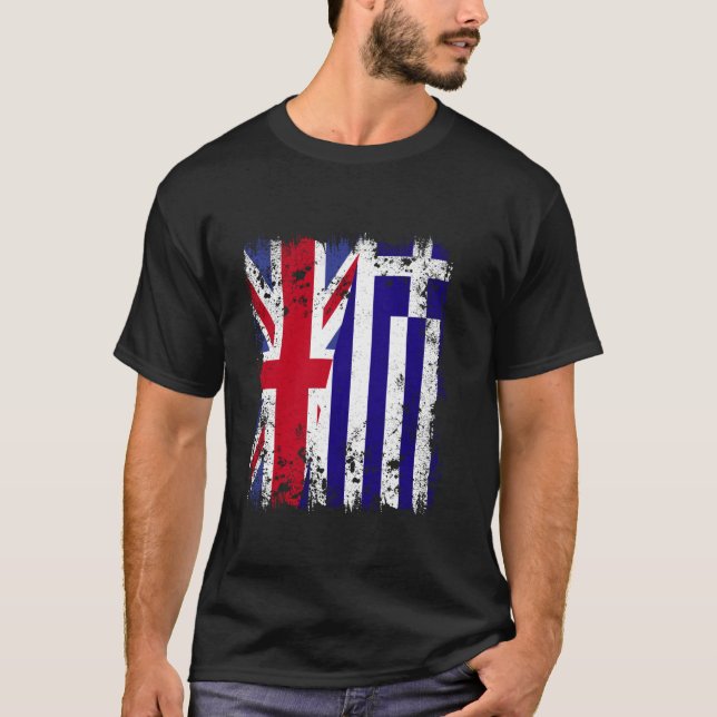 UK Greece Half Flag British Greek Flag Hellas Heri T Shirt (Framsida)