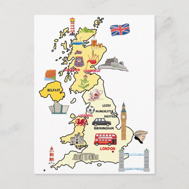 UK karta ILLUSTRERAD KARTA ÖVER FÖRENTA KONUNGRIKE Vykort (Framsida)
