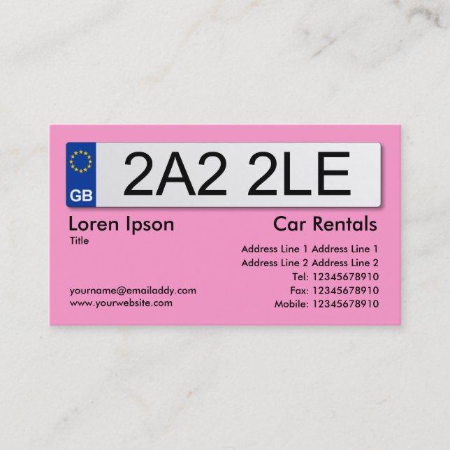 UK Number Plate - Rosa Visitkort (Framsida)