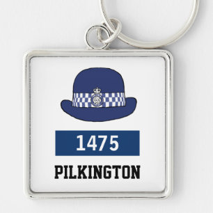 UK Police WPC Hat - Add Number & Namn Fyrkantig Silverfärgad Nyckelring