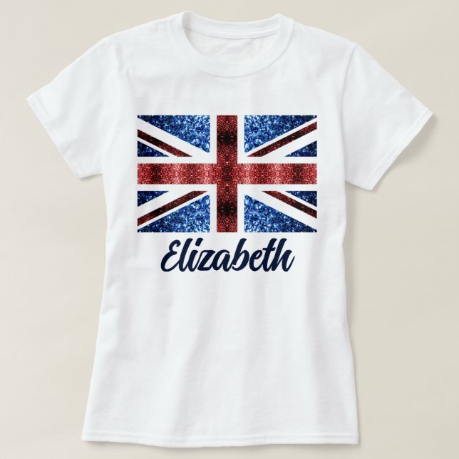 UK röda blå gnistrar glitter Anpassat namn T Shirt (Design framsida)