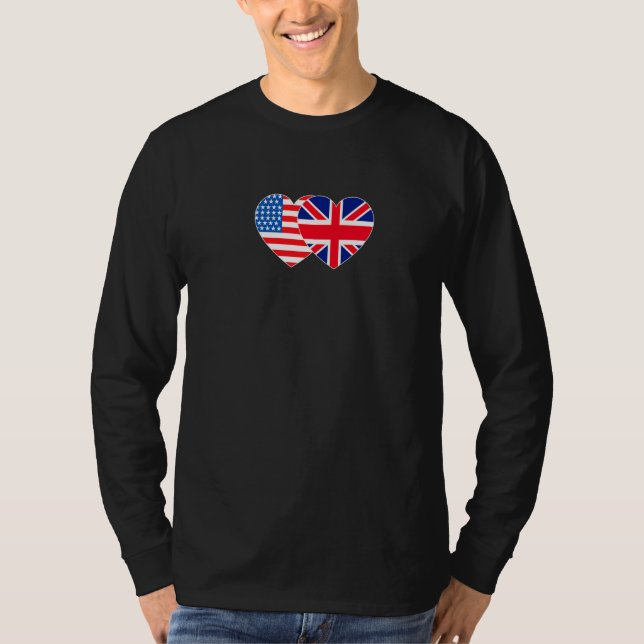 UK&USA Flag Twin Heart for British Americans Engla T Shirt (Framsida)