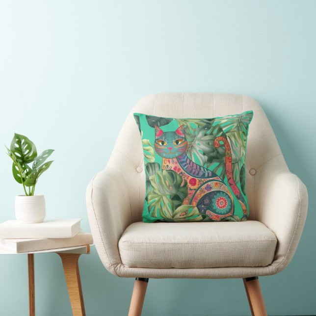 Ukiyo-e Cat och Monstera Löv Mönster Vol.1 Kudde (Stol)
