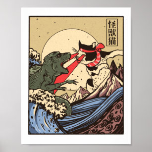 Ukiyo-e Catzilla Samurai mot Giant Kaiju Poster
