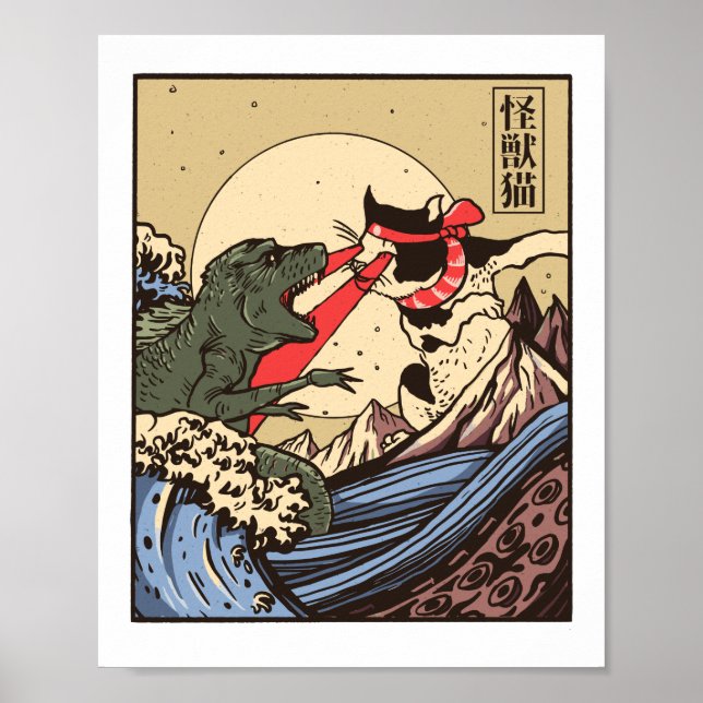 Ukiyo-e Catzilla Samurai mot Giant Kaiju Poster (Framsidan)