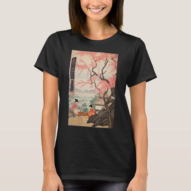 Ukiyo-e Cherry Blommar Mountains Japanska T Shirt (Framsida)