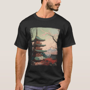 Ukiyo-E Japanska Blommar av Pagoda och Cherry T Shirt