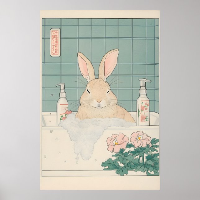 Ukiyo-e kaninutskrift Rolig kanin i badkar Poster (Framsidan)