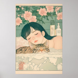 Ukiyo-e Kvinna och Tabby Katt Konst Japansk Badrum Poster