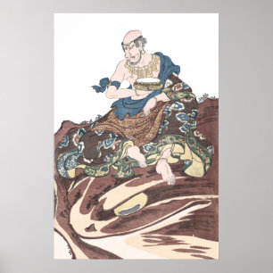 Ukiyo-e odödlig buddistisk munk på ett paddahuvud poster