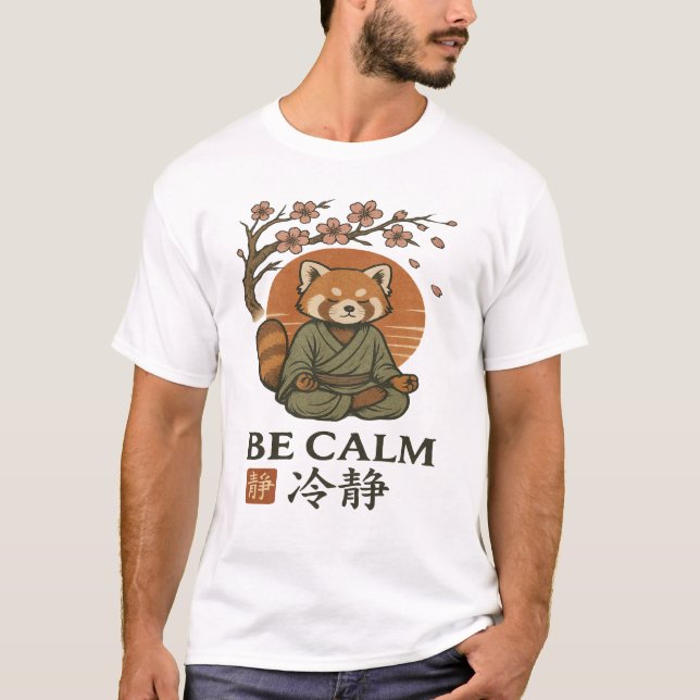ukiyo-e Red Panda- Be CALM japanese Zen meditation T Shirt (Framsida)