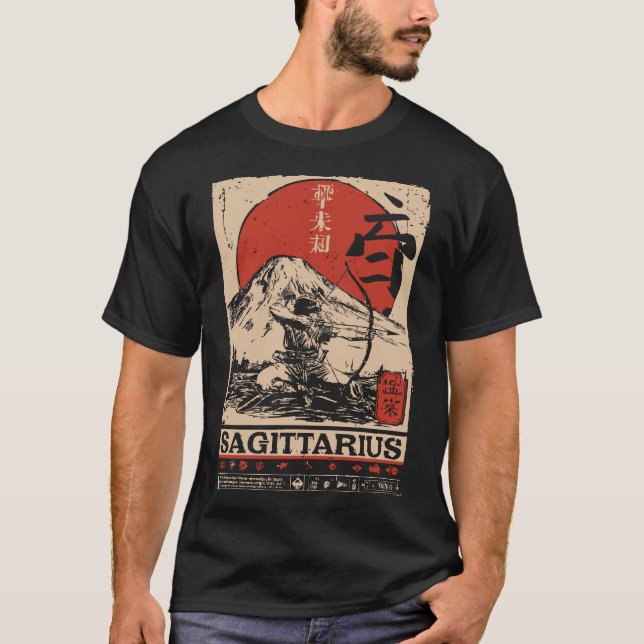 Ukiyo-e Stil Sagittarius Zodiac | Red Sol Archer T Shirt (Framsida)