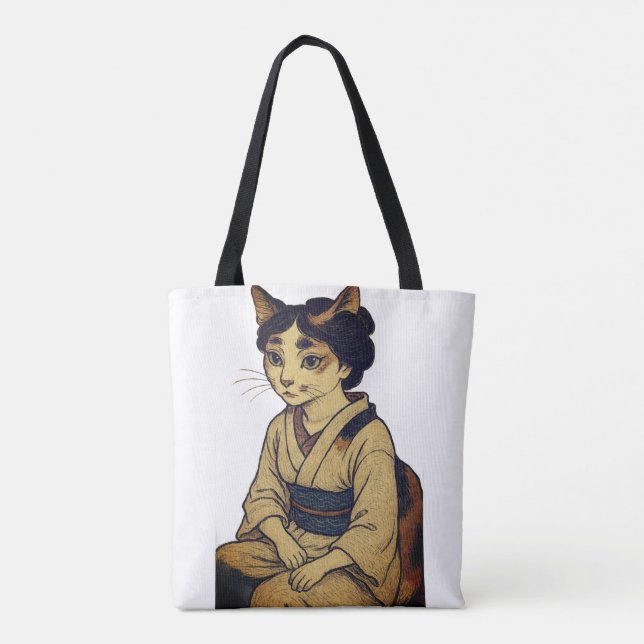 Ukiyo-e style calico cat tote bag tygkasse (Baksida)
