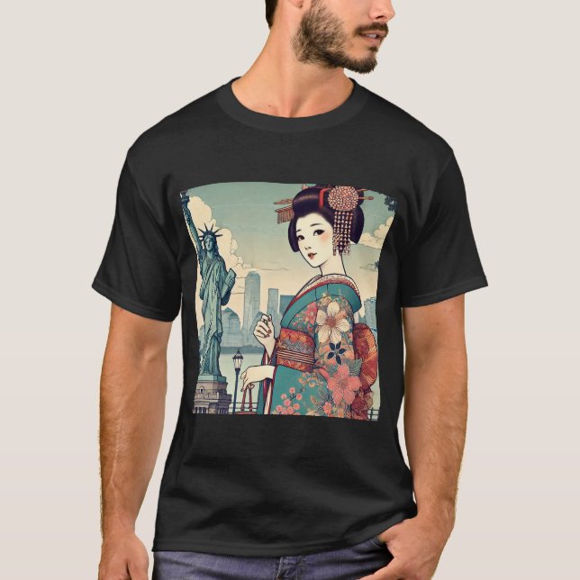 Ukiyo-e style: Oiran alongside the Statue of Liber T Shirt (Framsida)