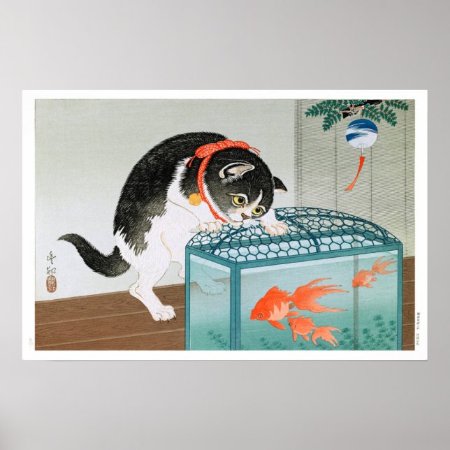 Ukiyoe [Koson] Katt och guldfisk (XS) Poster (Framsidan)