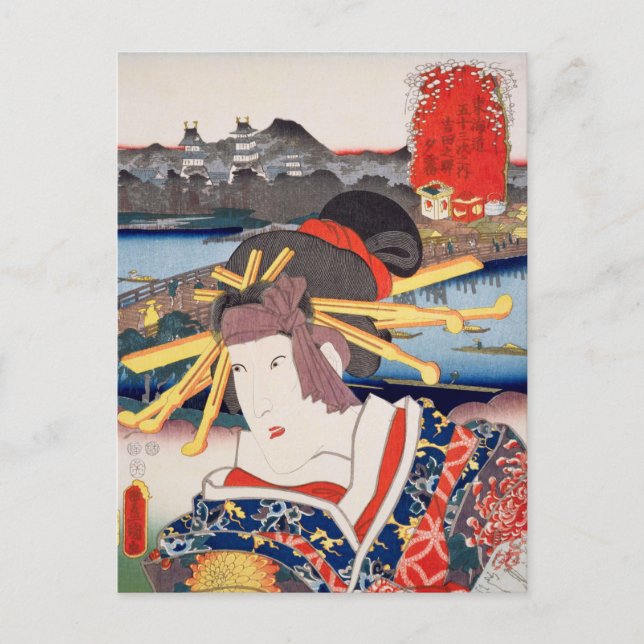 ukiyoe [Toyokuni] 46-34 Yūgiri vid Yoshida Station Vykort (Framsida)